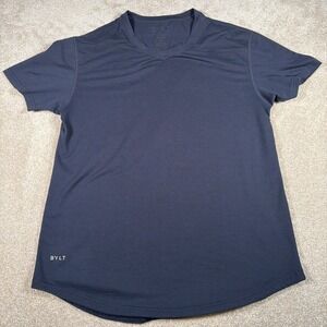 BYLT Drop Cut V Neck Short Sleeve T Shirt Mens Large Navy Blue Polyester Blend